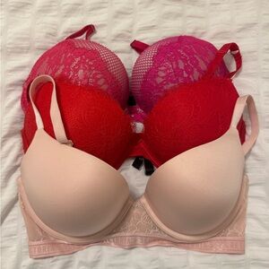 Victoria's Secret Lace Bra Trio - Red, Pink, and Cream